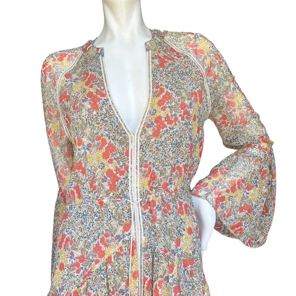 Alexis Floral Flowy Mini Babydoll Dress with Bell Sleeves and Tassels Size XS - Picture 9 of 14